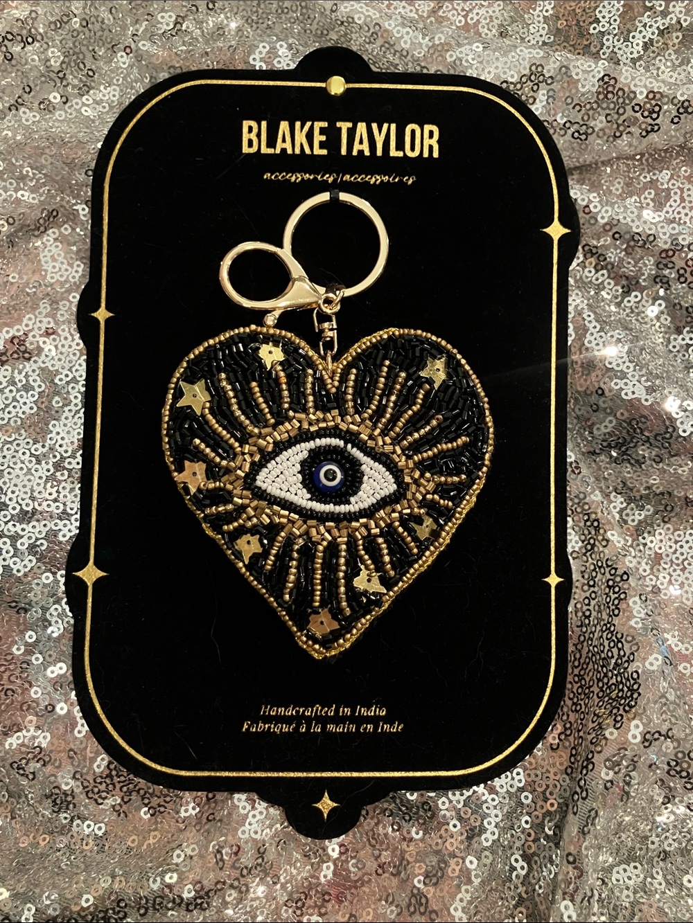 Blake Taylor Black & Gold Heart Evil Eye Beaded Keychain